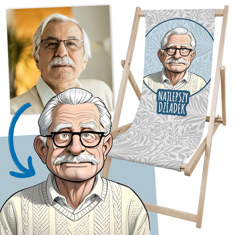 Leżak drewniany personalizowany ze zdjęciem Karykatura Prezent na Dzień Dziadka