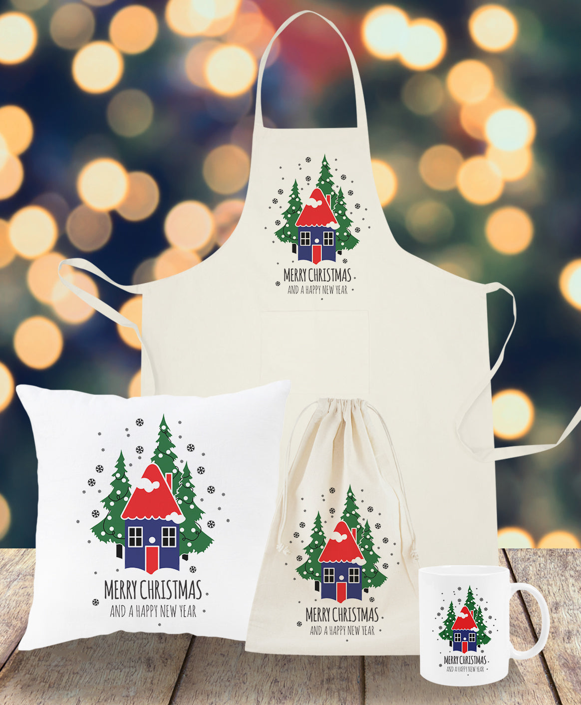 Zestaw świąteczny WOREK PODUSZKA FARTUCH KUBEK dom