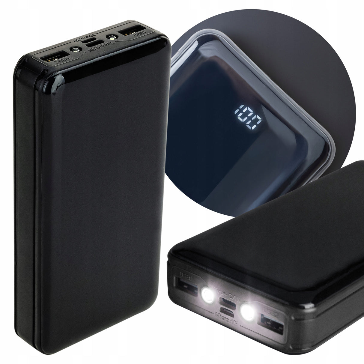 PowerBank 20000mAh 2,1A + Latarka LED 2x USB micro+C