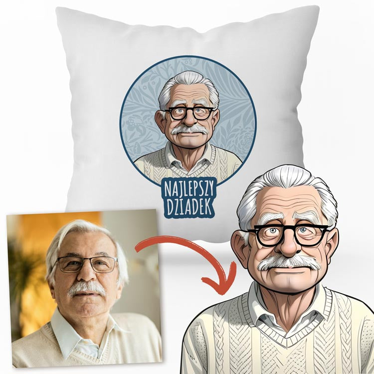 Poduszka personalizowana Karykatura Prezent na Dzień Dziadka Biała
