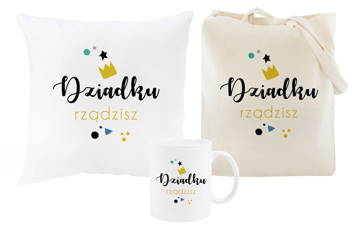 Zestaw Torba Bawełniana,Kubek,Poduszka Dziadku Rządzisz Prezent na Dzień Dziadka