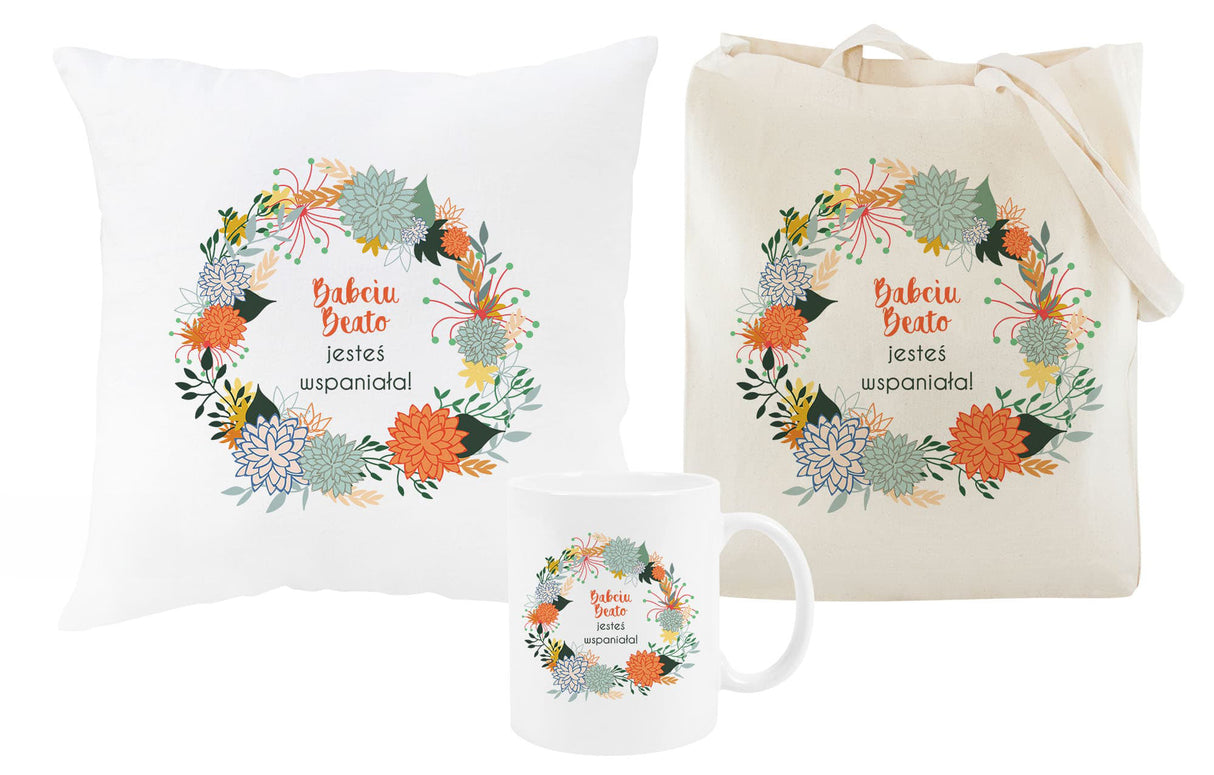 Zestaw personalizowany Torba Bawełniana,Kubek,Poduszka Babciu jesteś Wspaniała+Imię Prezent na Dzień Babci