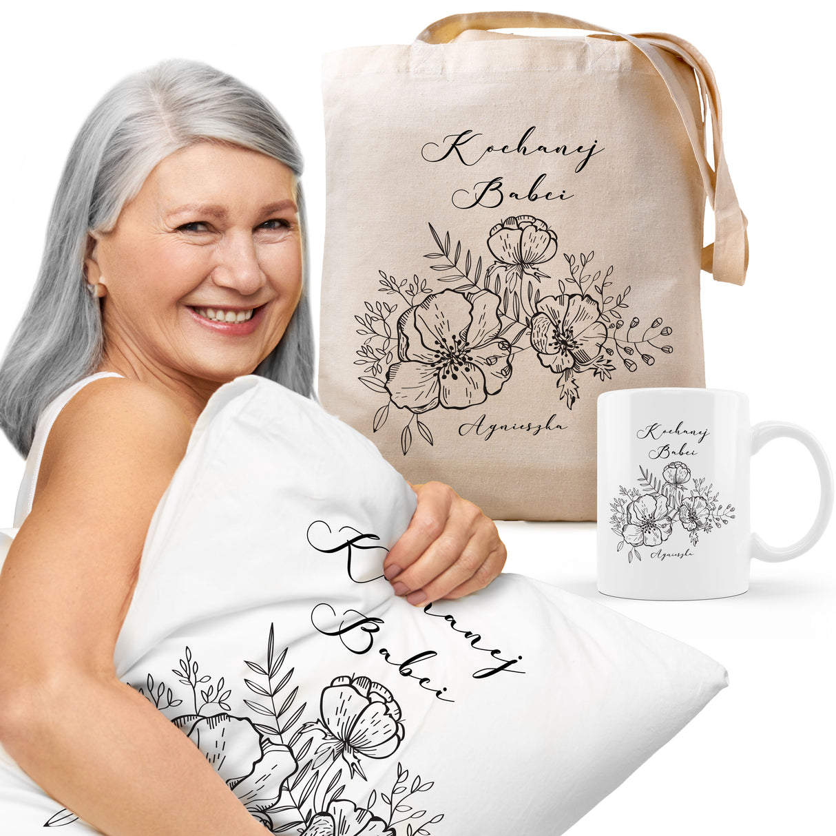 Zestaw personalizowany Torba Bawełniana,Kubek,Poduszka Kochanej Babci+Imię Prezent na Dzień Babci