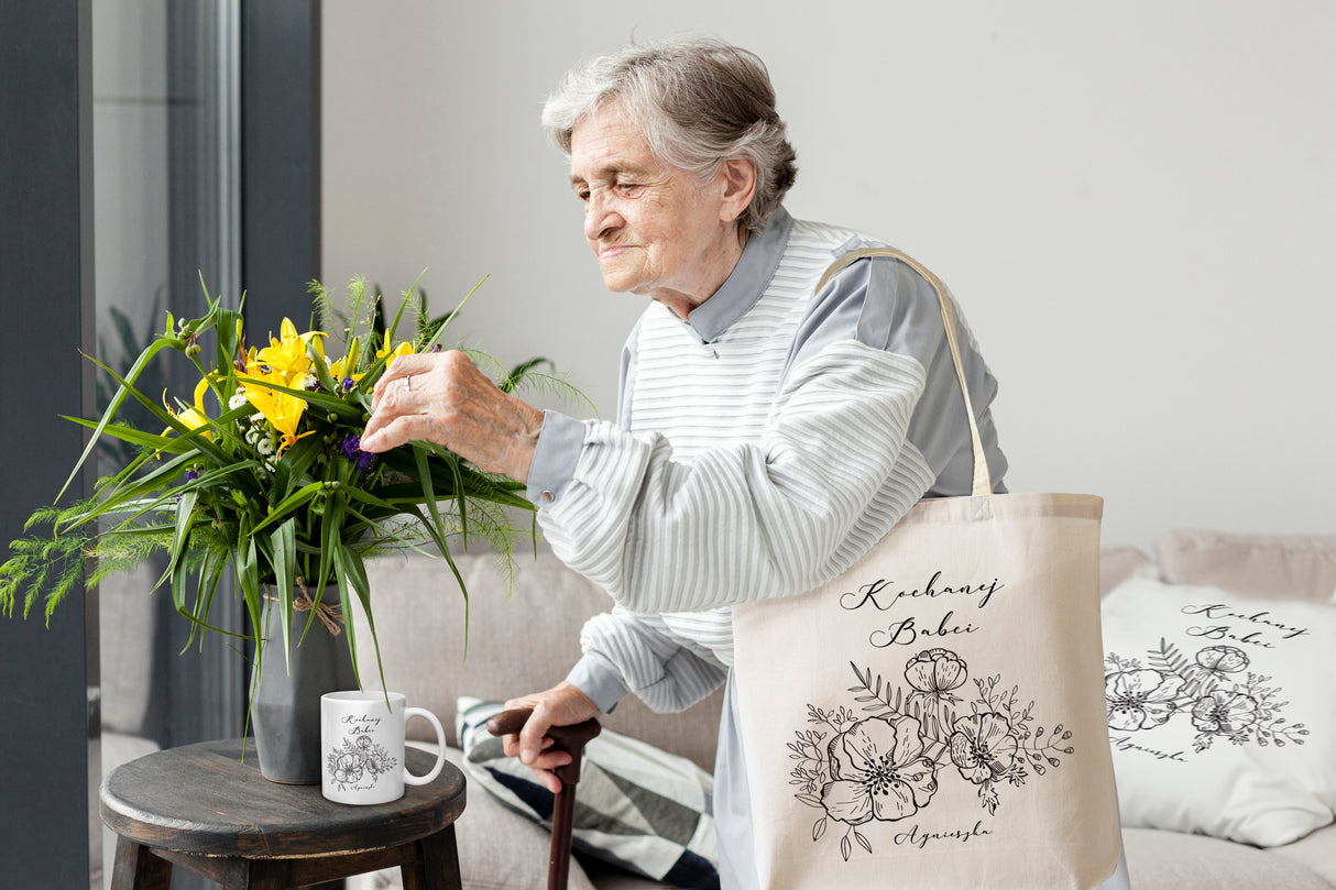 Zestaw personalizowany Torba Bawełniana,Kubek,Poduszka Kochanej Babci+Imię Prezent na Dzień Babci