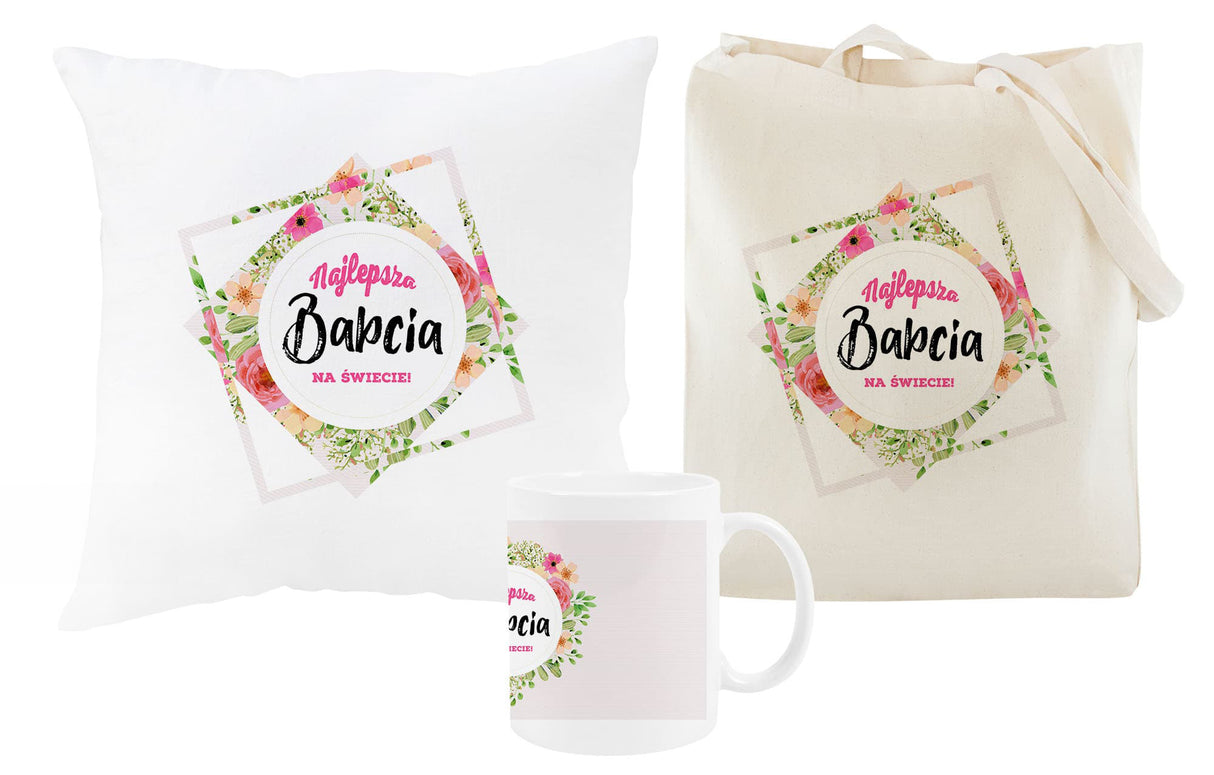 Zestaw Torba Bawełniana,Kubek,Poduszka Najlepsza Babcia na Świecie Prezent na Dzień Babci