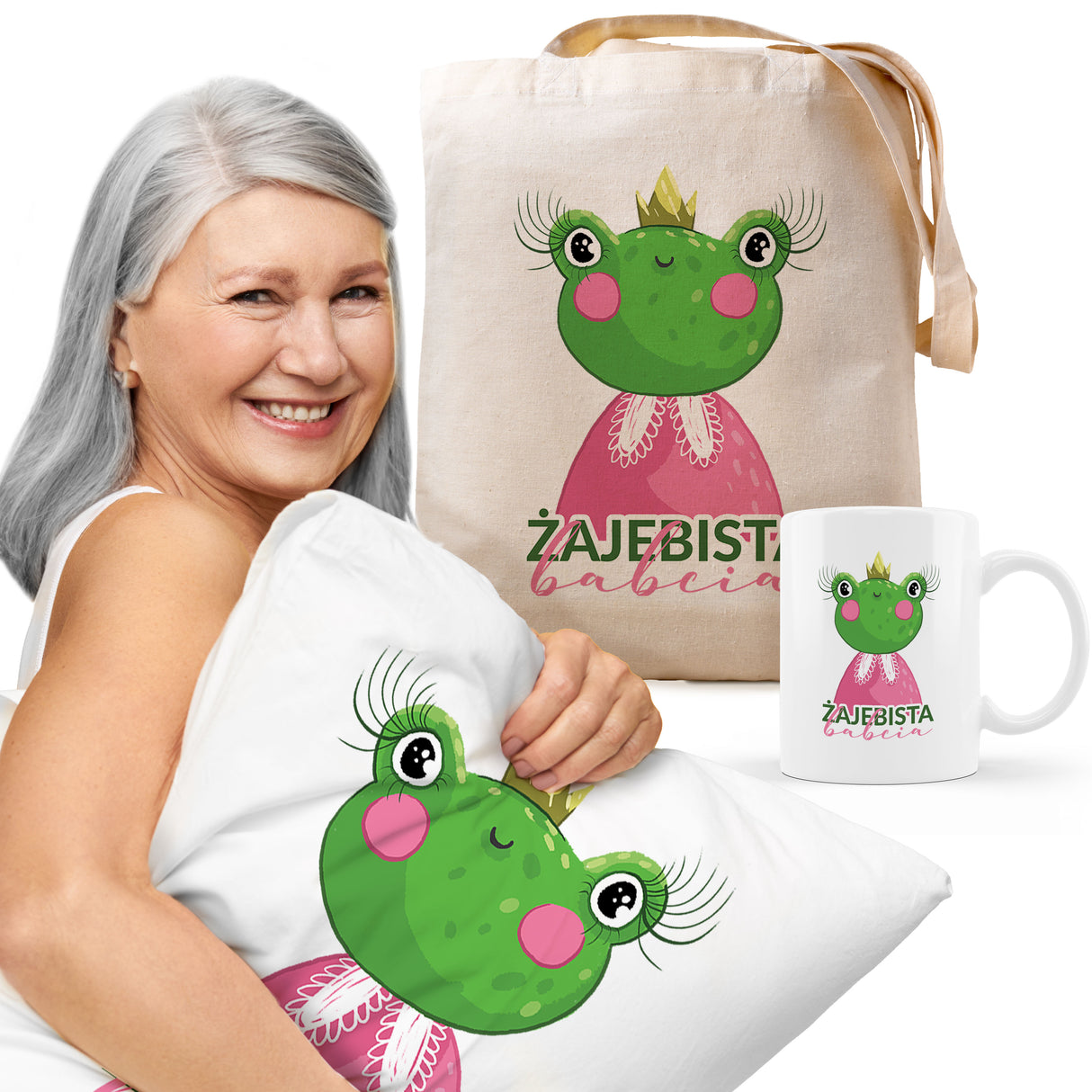 Zestaw Torba Bawełniana,Kubek,Poduszka Żajebista Babcia Prezent na Dzień Babci