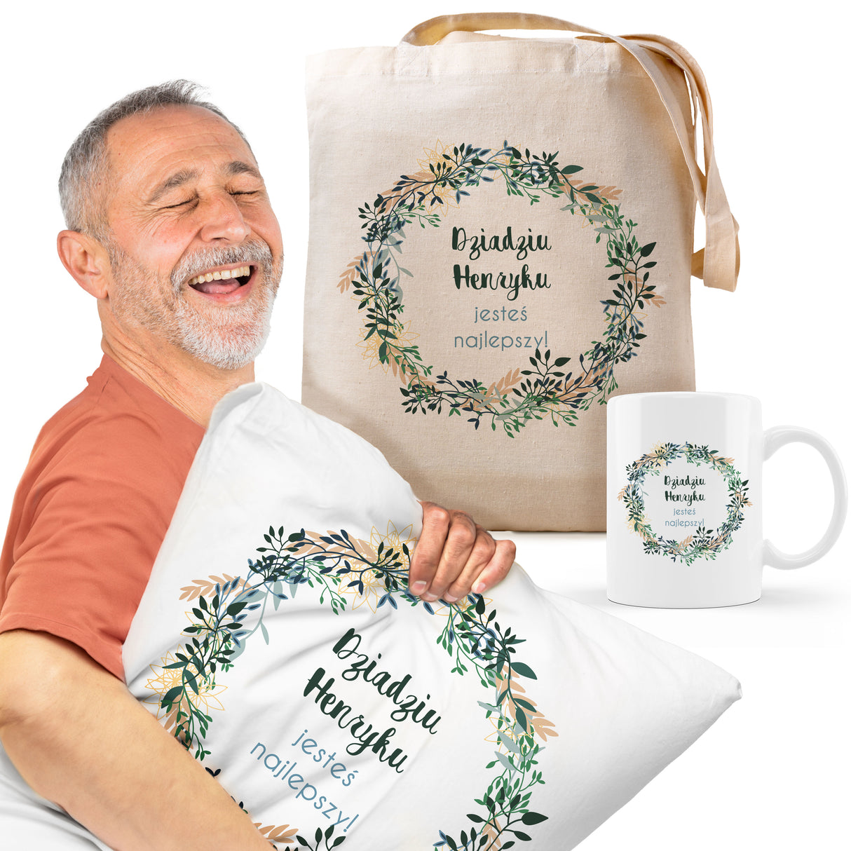 Zestaw personalizowany Torba Bawełniana,Kubek,Poduszka Dziadku jesteś Najlepszy+Imię Prezent na Dzień Dziadka