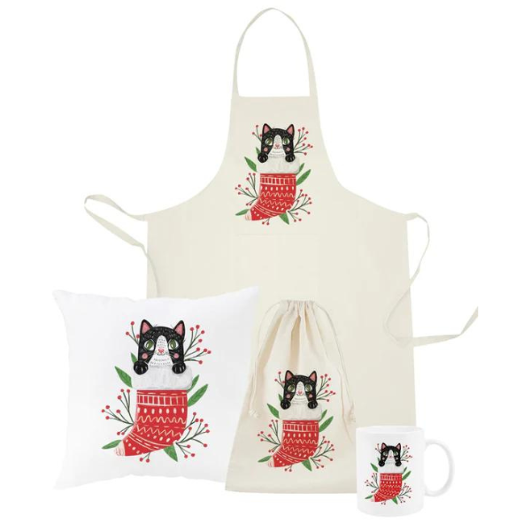 Zestaw świąteczny WOREK PODUSZKA FARTUCH KUBEK czarny kotek