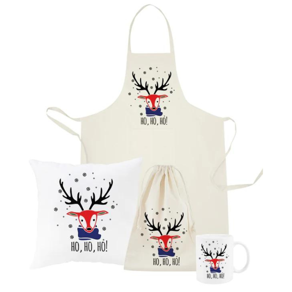 Zestaw świąteczny WOREK PODUSZKA FARTUCH KUBEK renifer