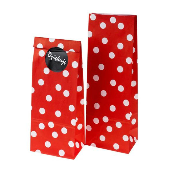 Torebki papierowe CZERWONE groszki 10x26x6,5 + naklejki DZIĘKUJĘ