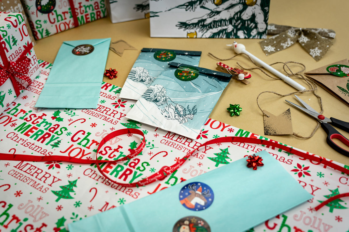 Zestaw torebek Świątecznych do pakowania prezentów BIAŁY PAPIER MERRY