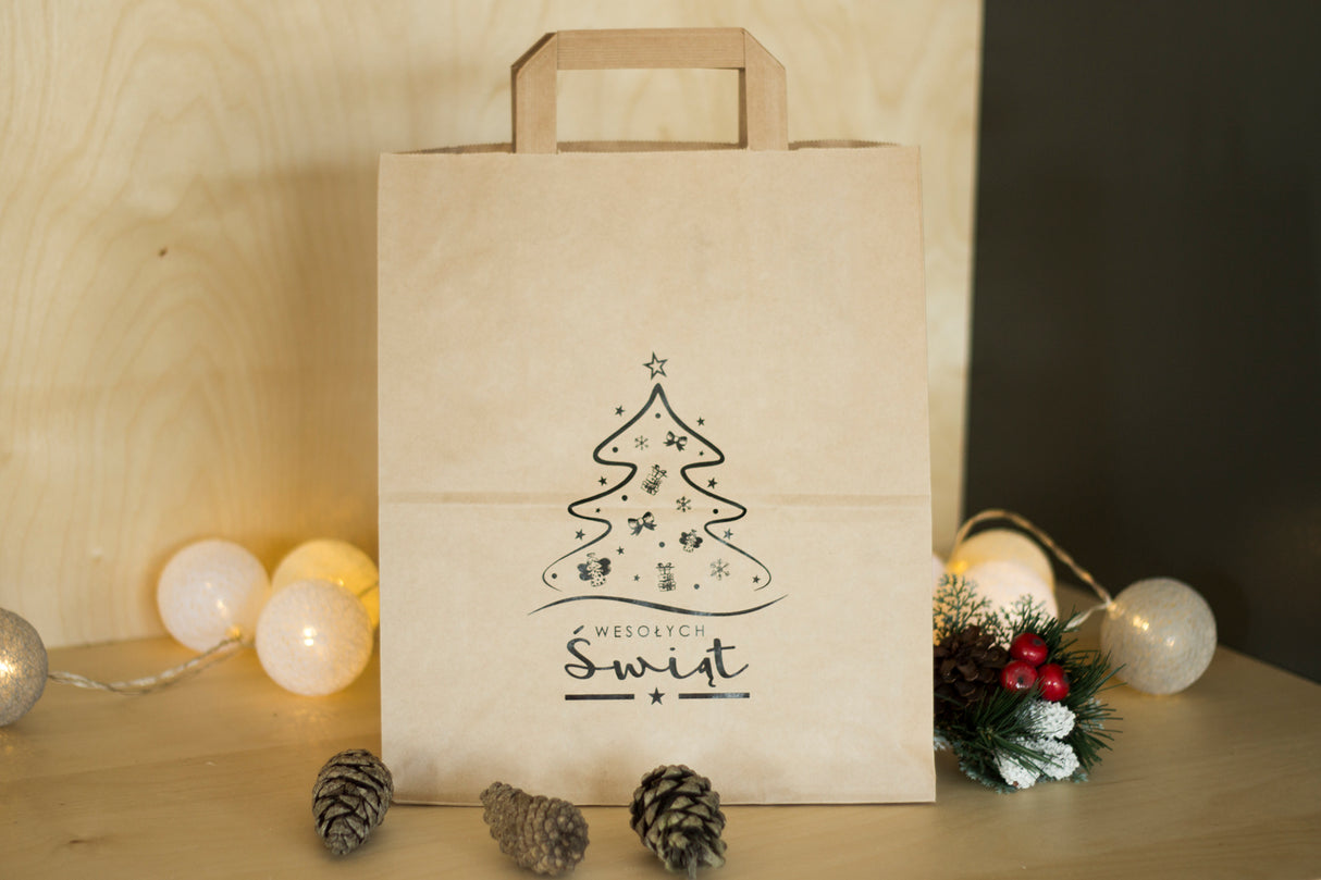 Torba papierowa świąteczna 220x110x280mm Wesołych Świąt Choinka