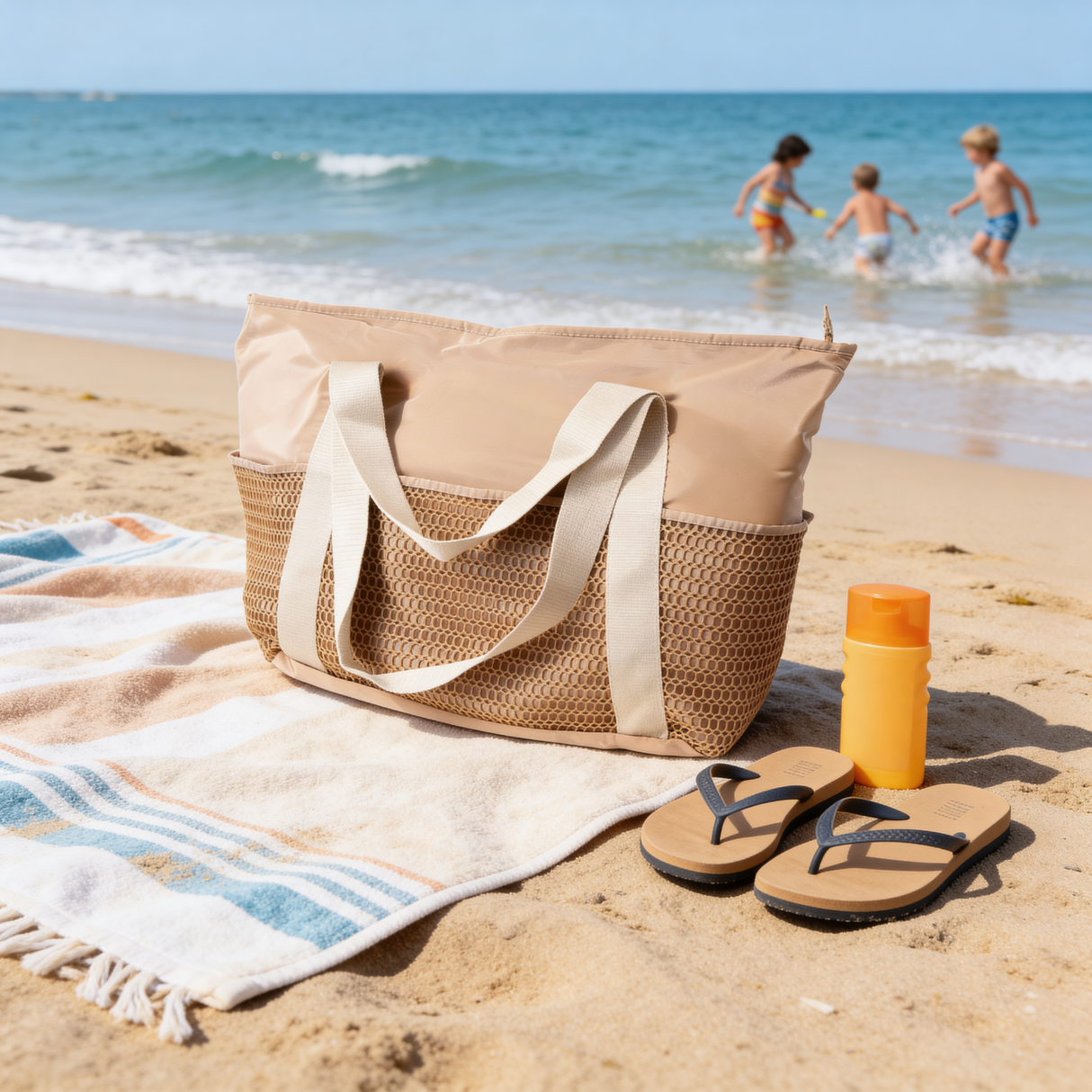 Beżowa torba plażowa z siateczką i kieszeniami