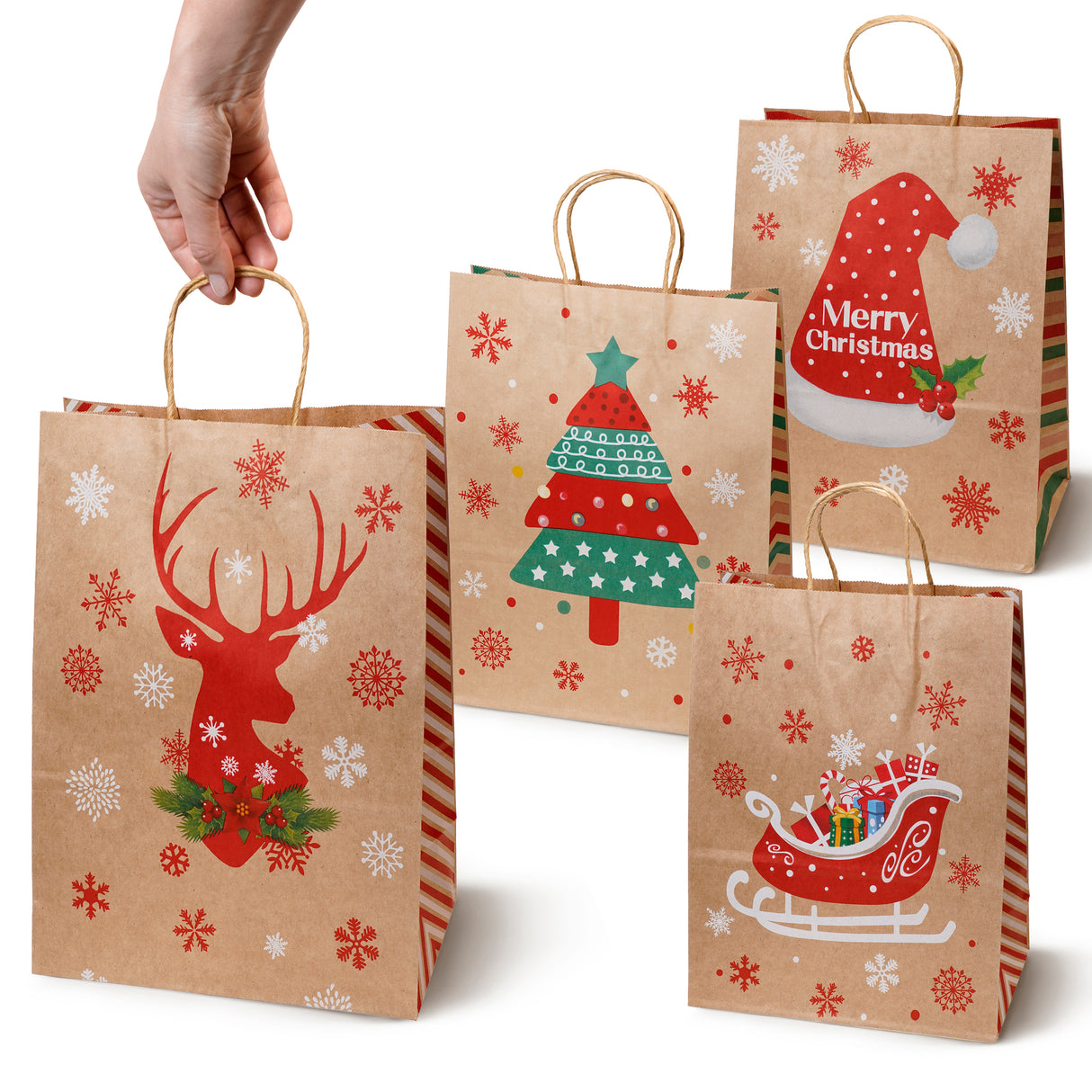 Torba papierowa świąteczna 150x80x210 mm Renifer Choinka Sanie Czapka 4szt.