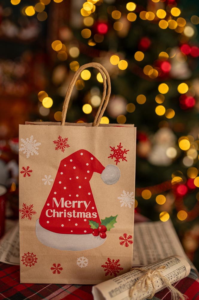Torba papierowa świąteczna 150x80x210 mm Renifer Choinka Sanie Czapka 4szt.