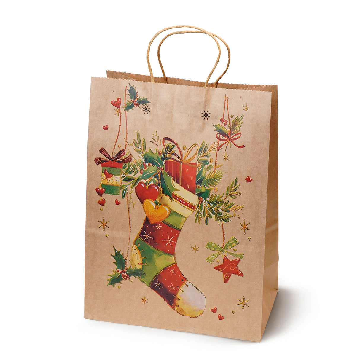 Torba papierowa świąteczna 210x110x270mm Skarpeta Choinka Dzwonek Prezenty 4szt.