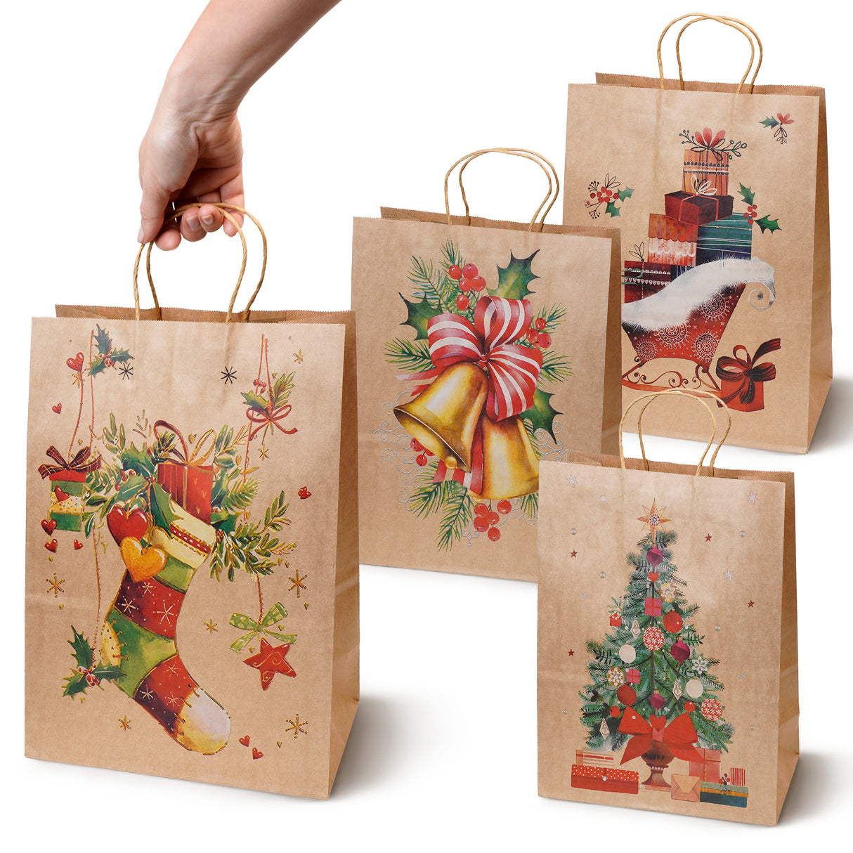 Torba papierowa świąteczna 260x120x330mm Skarpeta Choinka Dzwonek Prezenty 4szt.