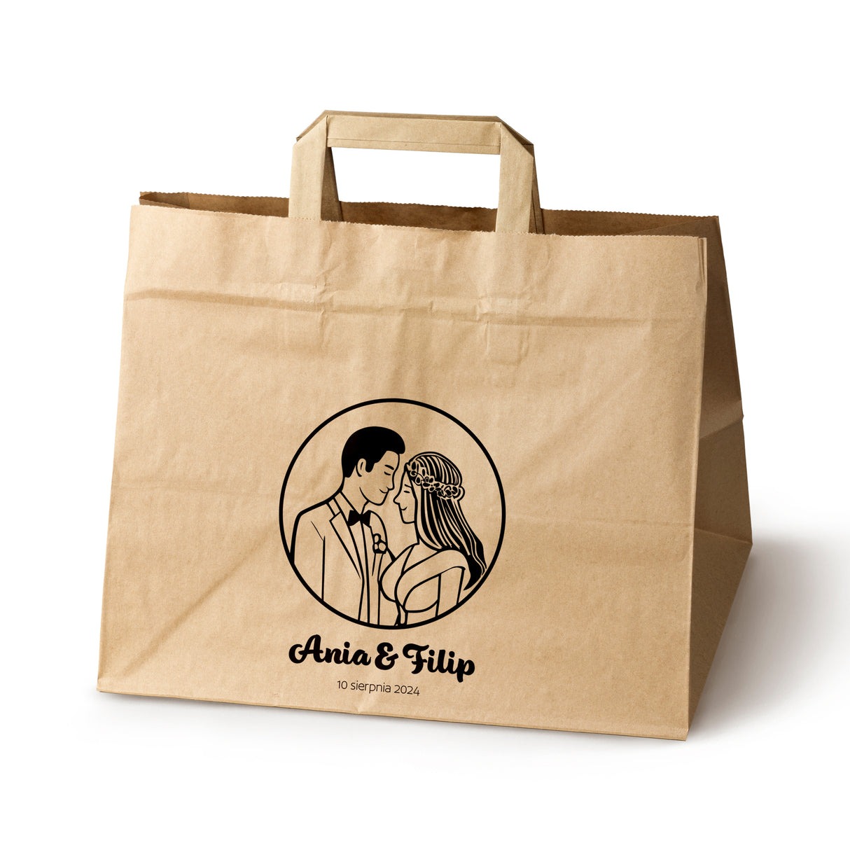 Torebki weselne 320x220x245mm Brązowe Państwo młodzi IMIONA+DATA 50szt.