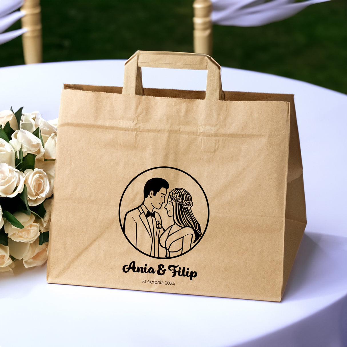 Torebki weselne 320x220x245mm Brązowe Państwo młodzi IMIONA+DATA 50szt.
