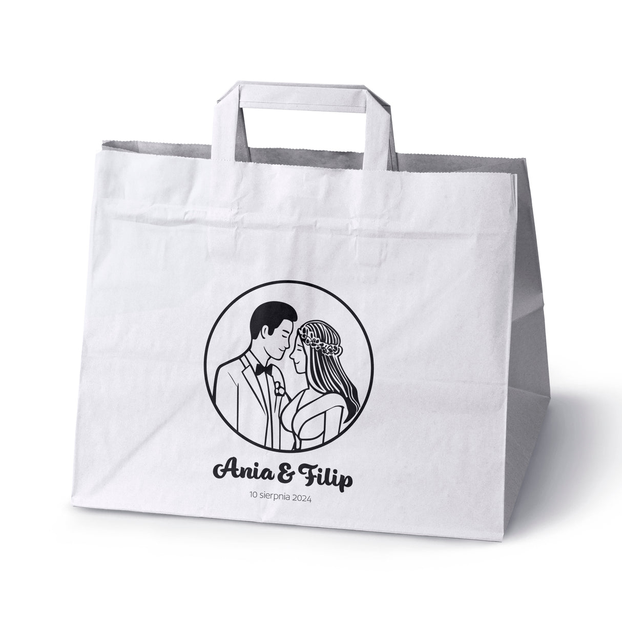 Torebki weselne 320x220x245mm Białe Państwo Młodzi IMIONA+DATA 50szt.