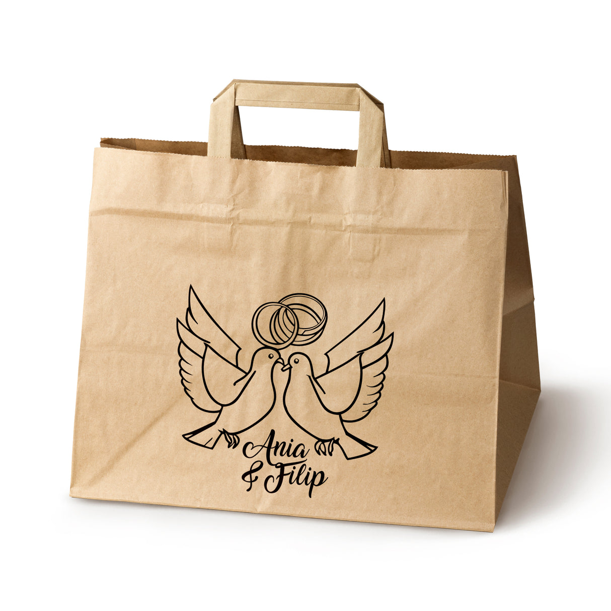 Torebki weselne 320x220x245mm Brązowe Gołębie IMIONA 50szt.
