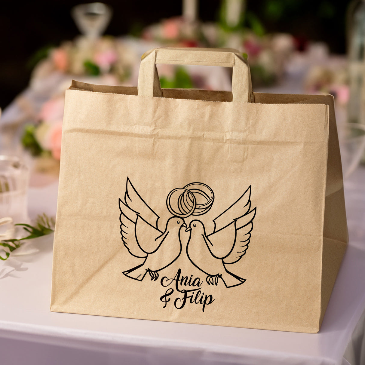 Torebki weselne 320x220x245mm Brązowe Gołębie IMIONA 50szt.