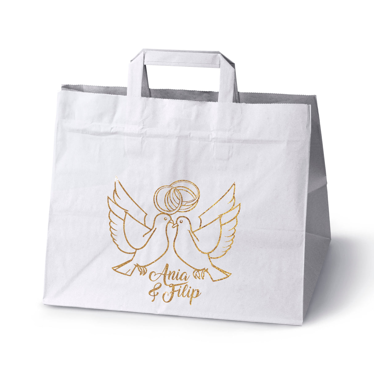Torebki weselne 320x220x245mm Białe ze złotym nadrukiem Gołębie IMIONA 50szt.