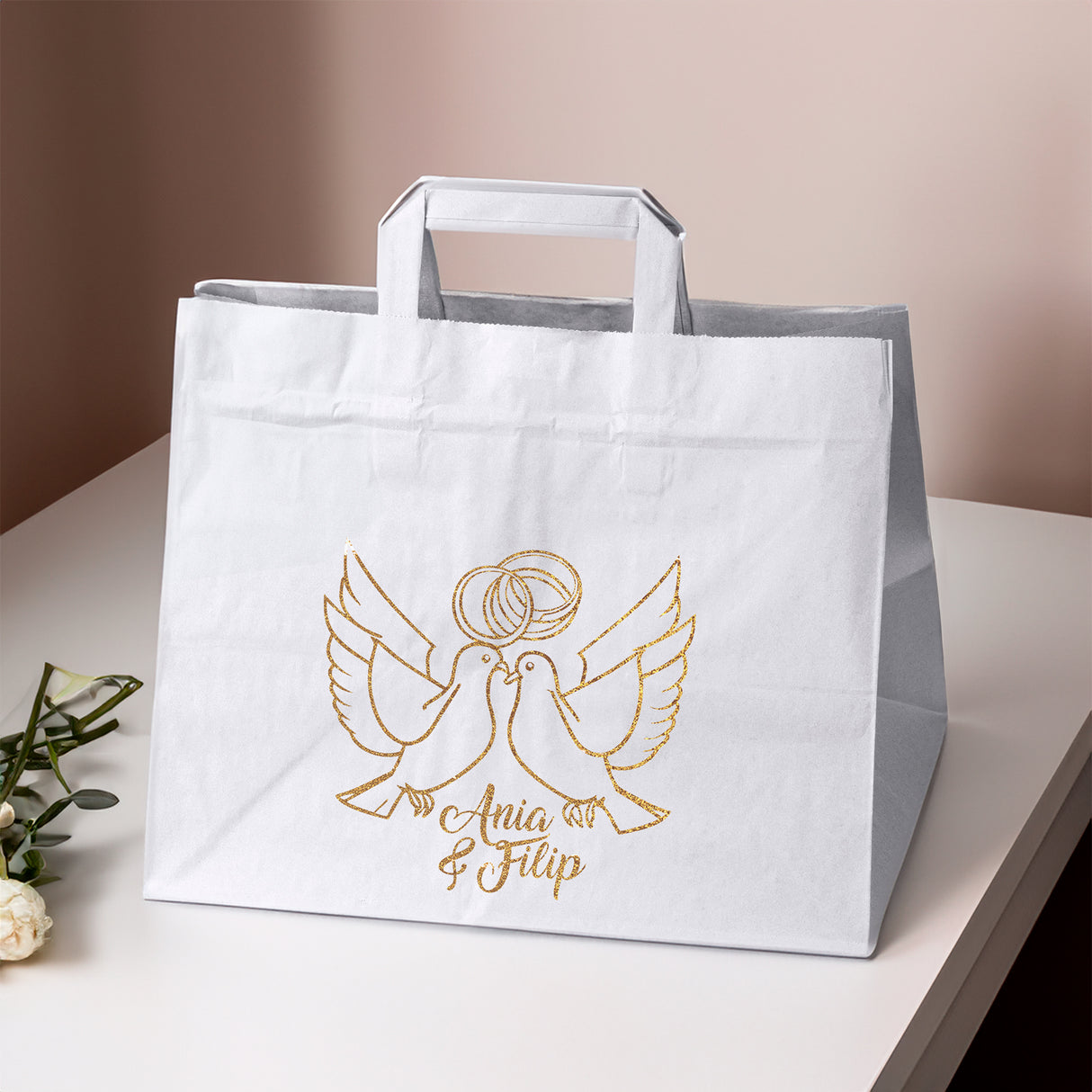Torebki weselne 320x220x245mm Białe ze złotym nadrukiem Gołębie IMIONA 50szt.