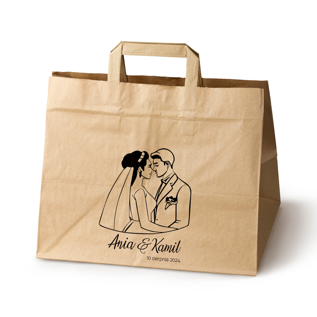 Torebki weselne 320x220x245mm Brązowe Para młoda IMIONA+DATA 50szt.