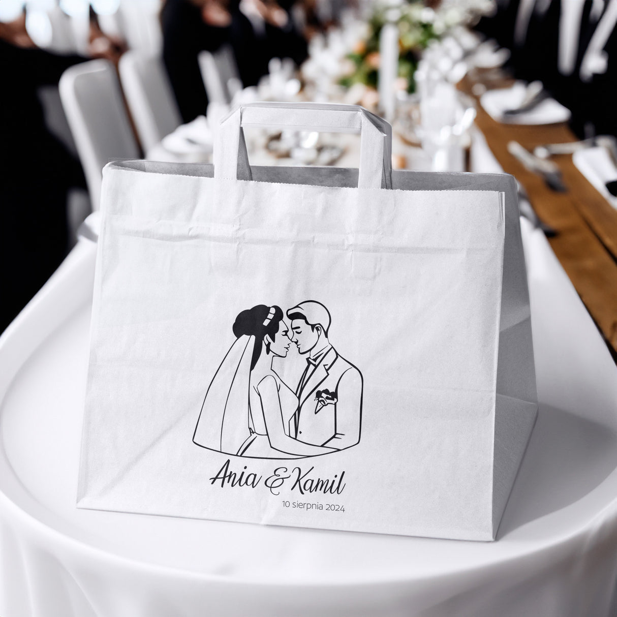 Torebki weselne 320x220x245mm Białe Para Młoda IMIONA+DATA 50szt.