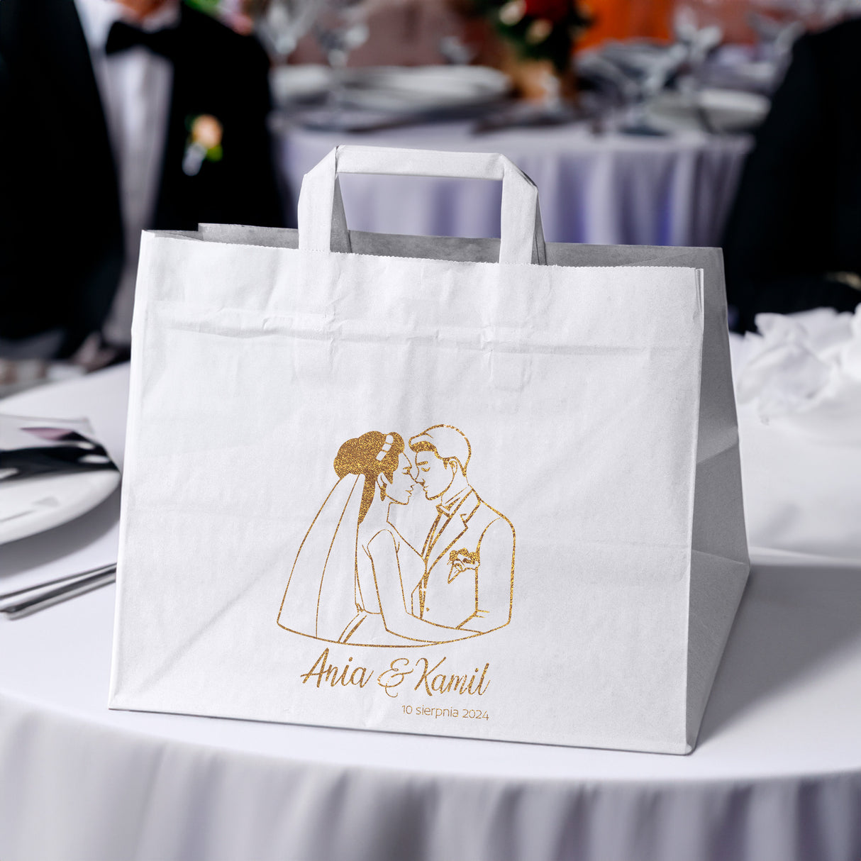 Torebki weselne 320x220x245mm Białe ze złotym nadrukiem Para Młoda IMIONA+DATA 50szt.