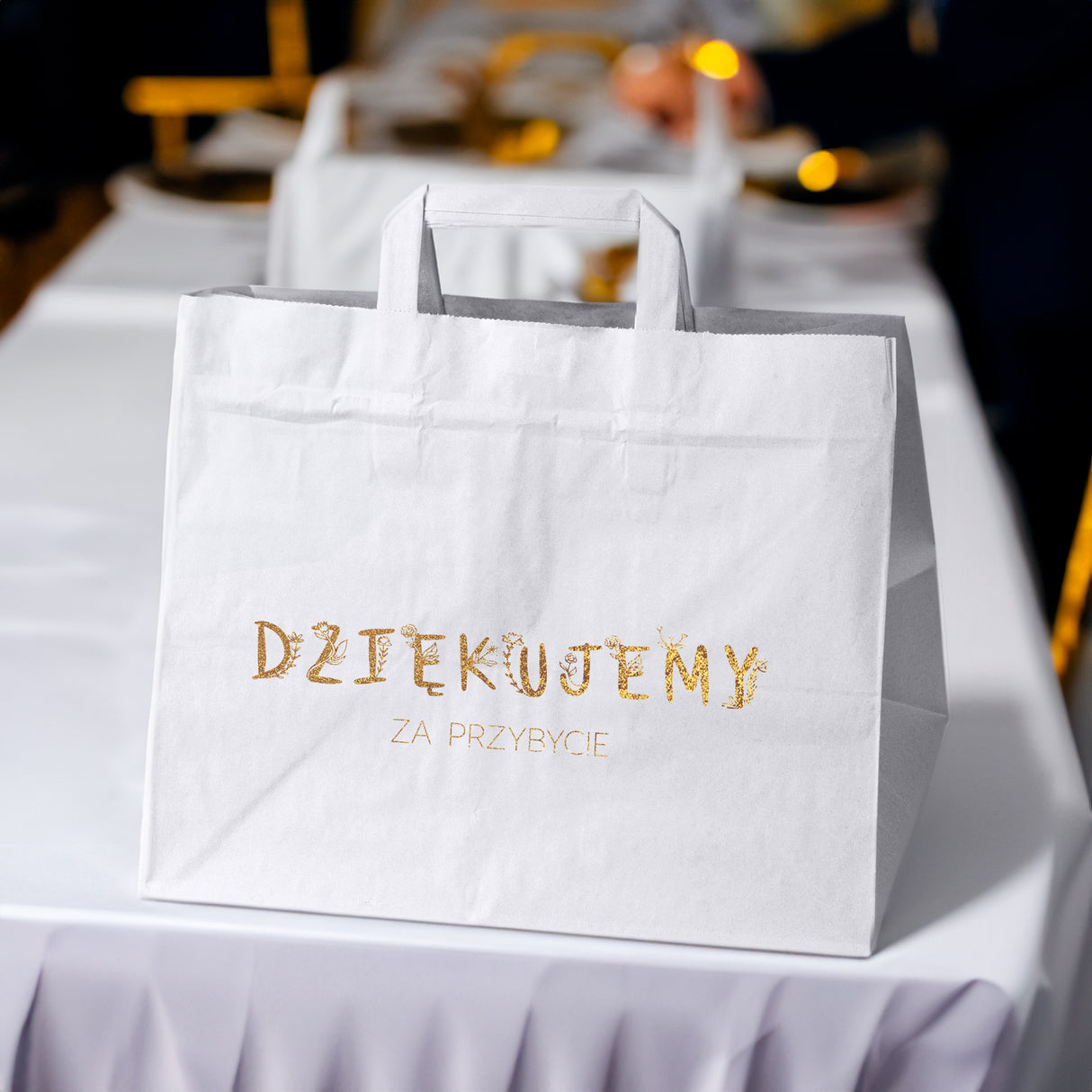 Torebki weselne 320x220x245mm Białe ze złotym nadrukiem Dziękujemy za przybycie 50szt.