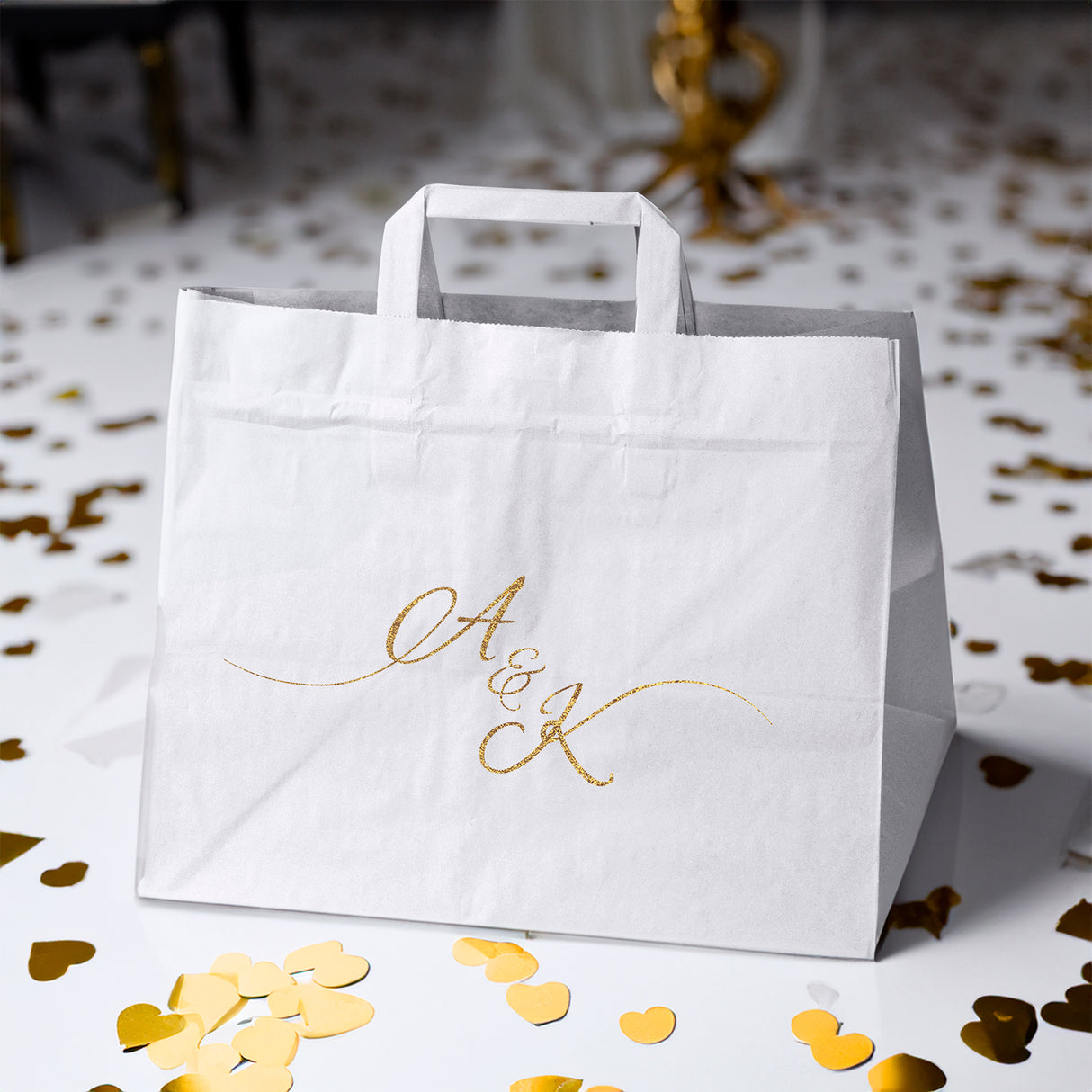 Torebki weselne 320x220x245mm Białe ze złotym nadrukiem Inicjały 50szt.