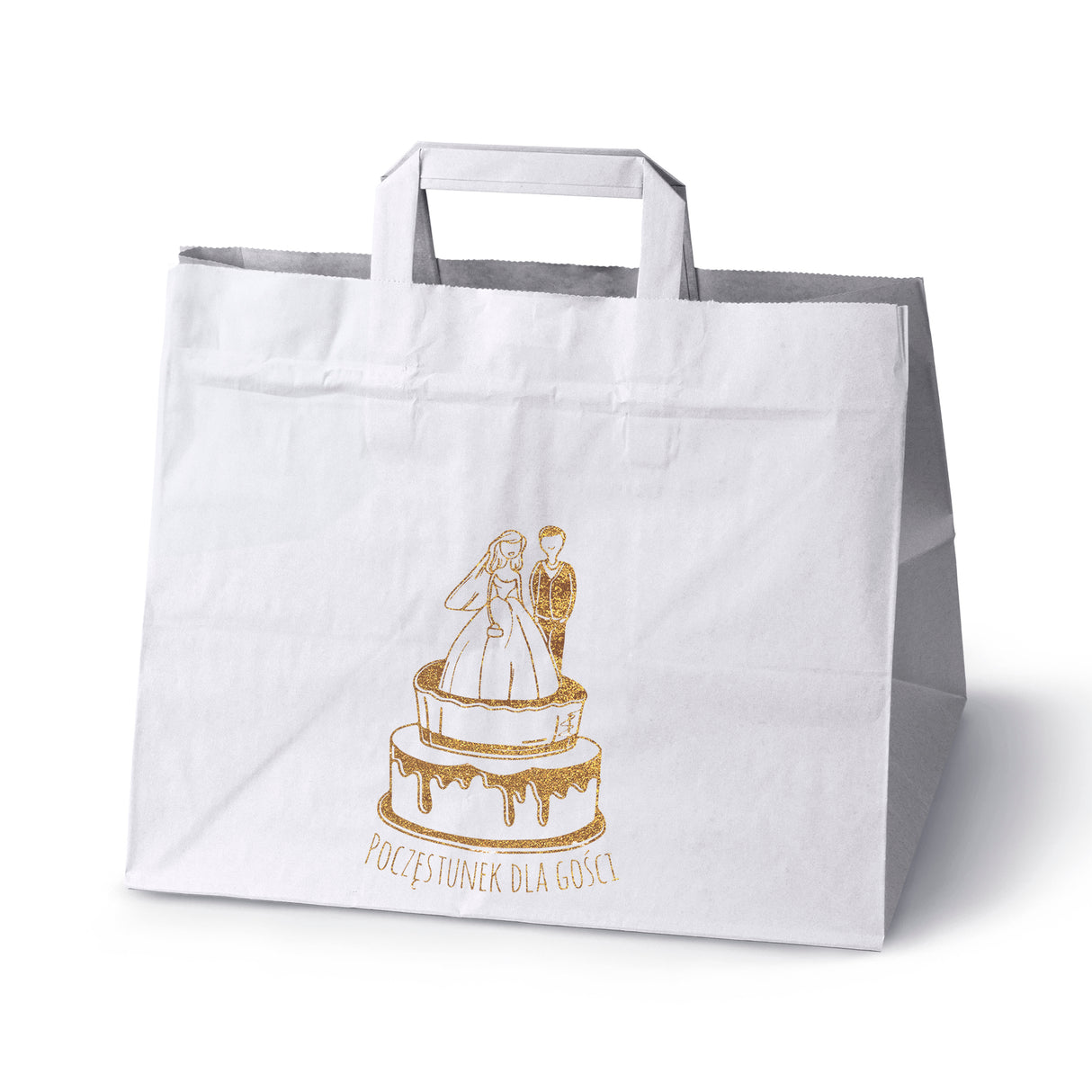 Torebki weselne 320x220x245mm Białe ze złotym nadrukiem Poczęstunek dla gości 50szt.
