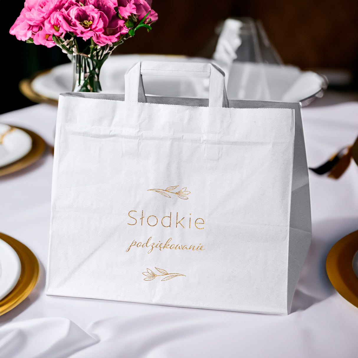 Torebki weselne 320x220x245mm Białe ze złotym nadrukiem Słodkie podziękowanie 50szt.