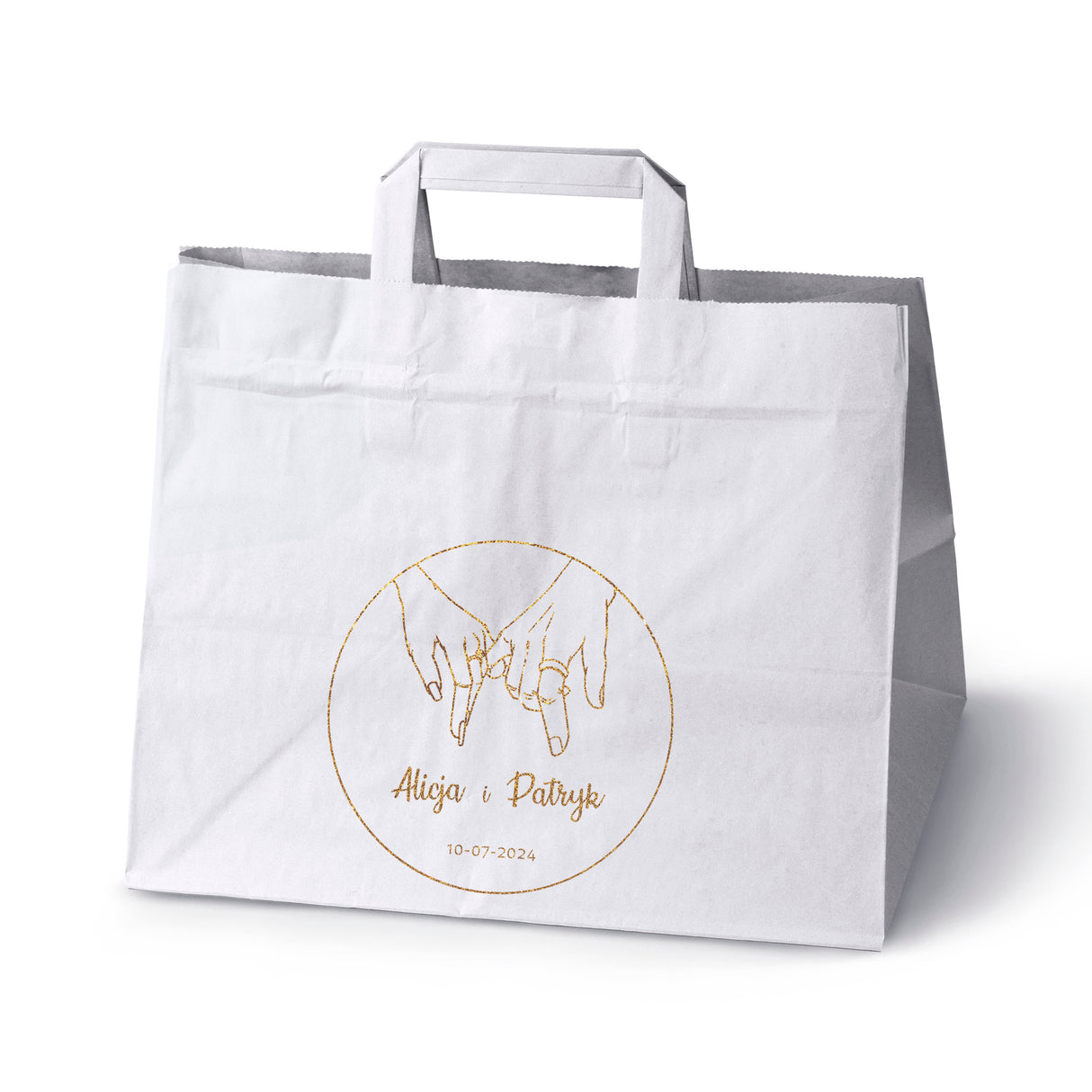 Torebki weselne 320x220x245mm Białe ze złotym nadrukiem Dłonie Pary Młodej IMIONA+DATA 50szt.