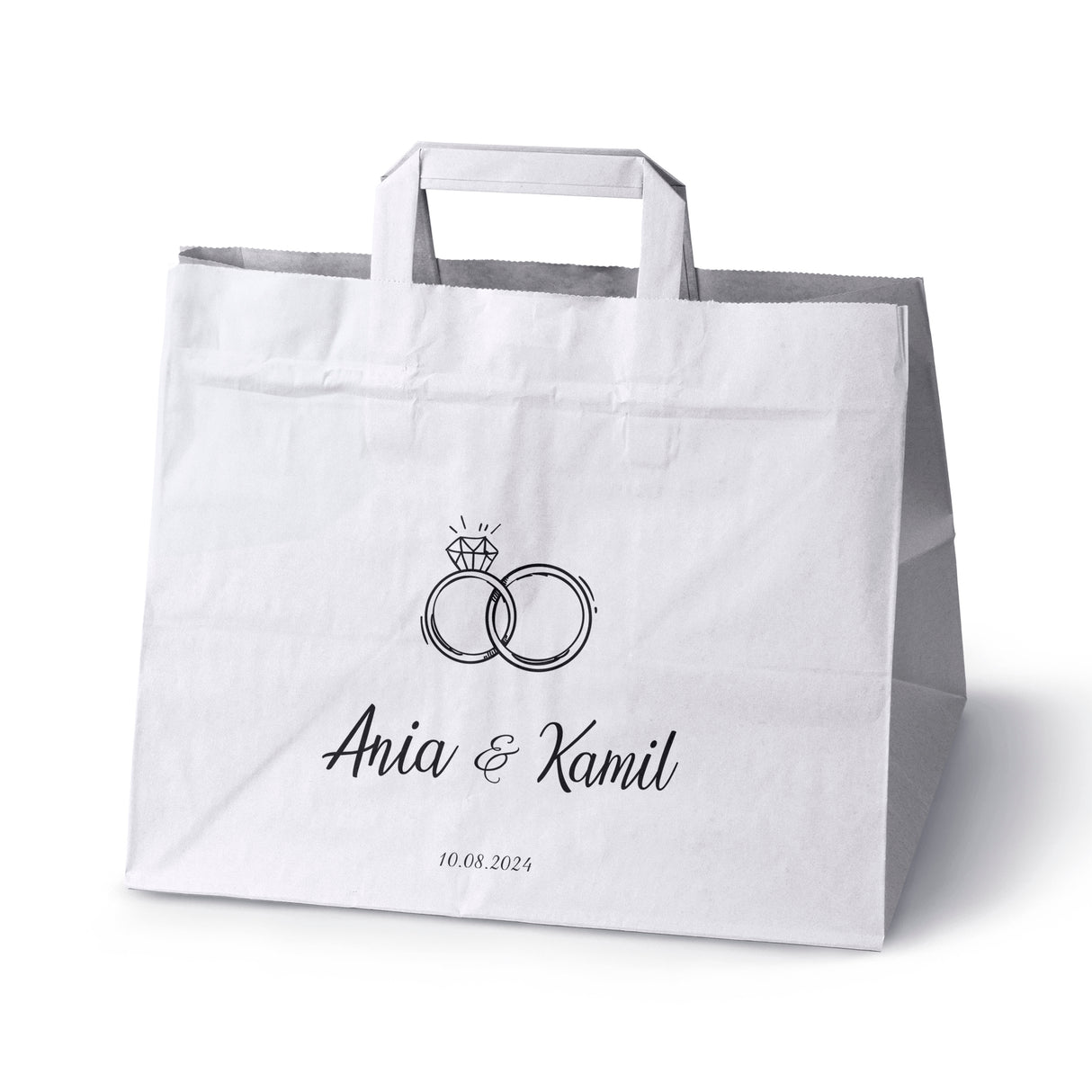 Torebki weselne 320x220x245mm Białe Obrączki IMIONA+DATA 50szt.