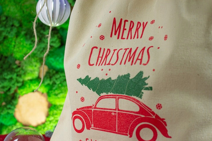 Woreczek bawełniany 17x20 cm Ecru Samochód Merry Christmas