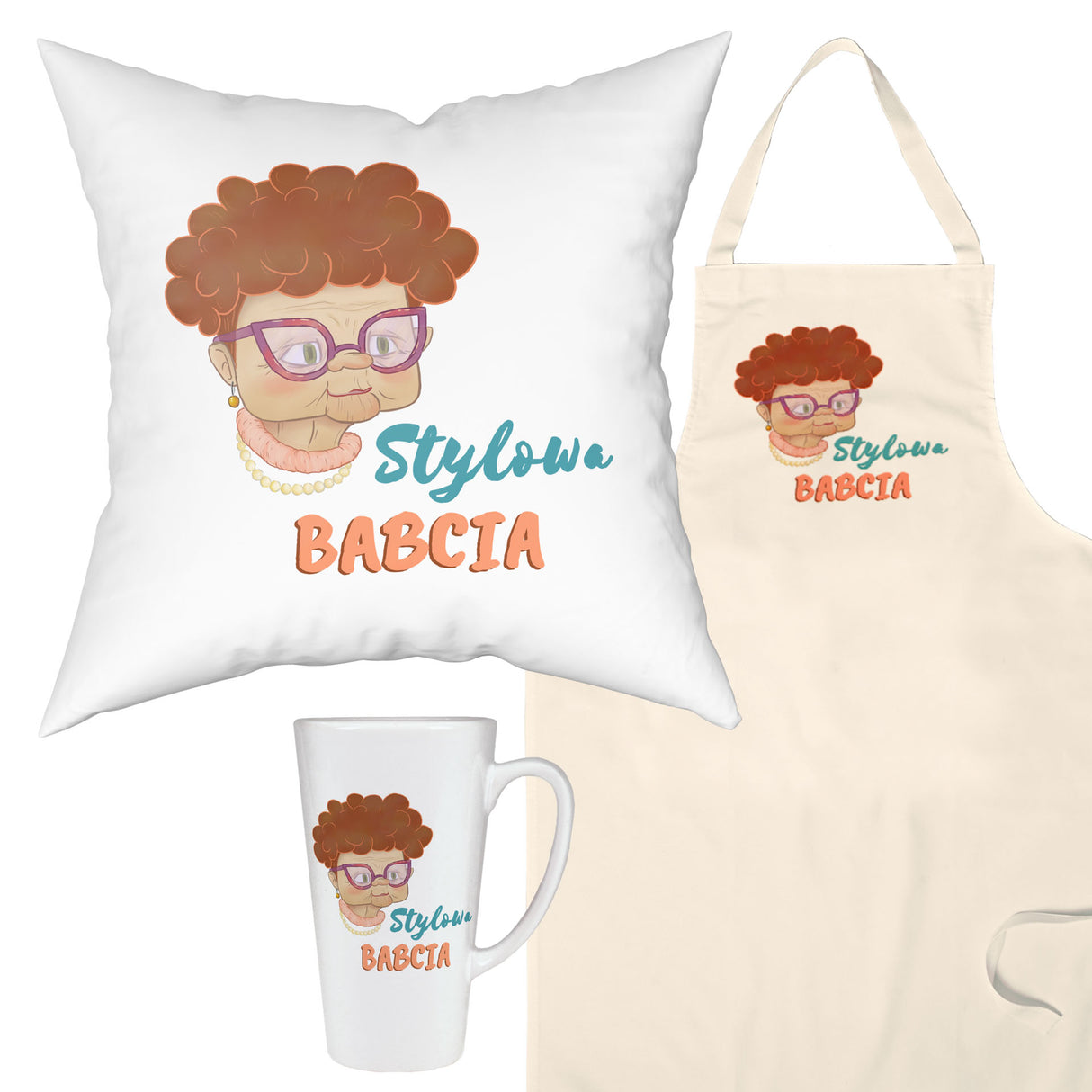 Zestaw Fartuch,Kubek,Poduszka Stylowa Babcia Prezent na Dzień Babci