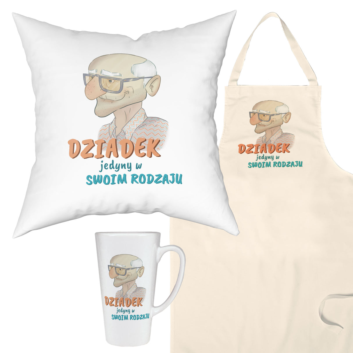 Zestaw Fartuch,Kubek,Poduszka Dziadek jedyny w swoim Rodzaju Prezent na Dzień Dziadka