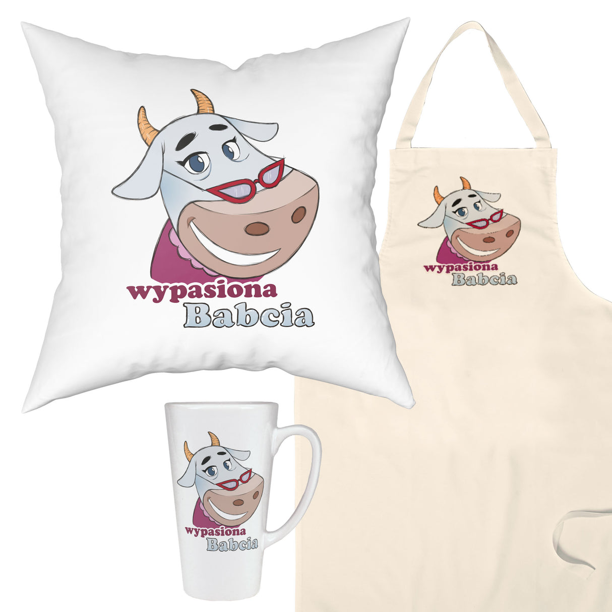Zestaw Fartuch,Kubek,Poduszka Wypasiona Babcia Prezent na Dzień Babci