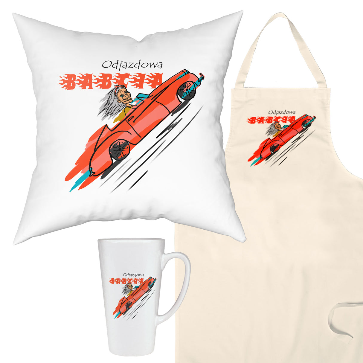 Zestaw Fartuch,Kubek,Poduszka Odjazdowa Babcia Prezent na Dzień Babci