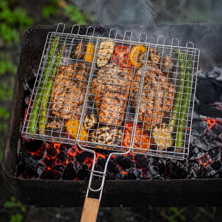 Zamykana kratka do grillowania z drewnianą rączką