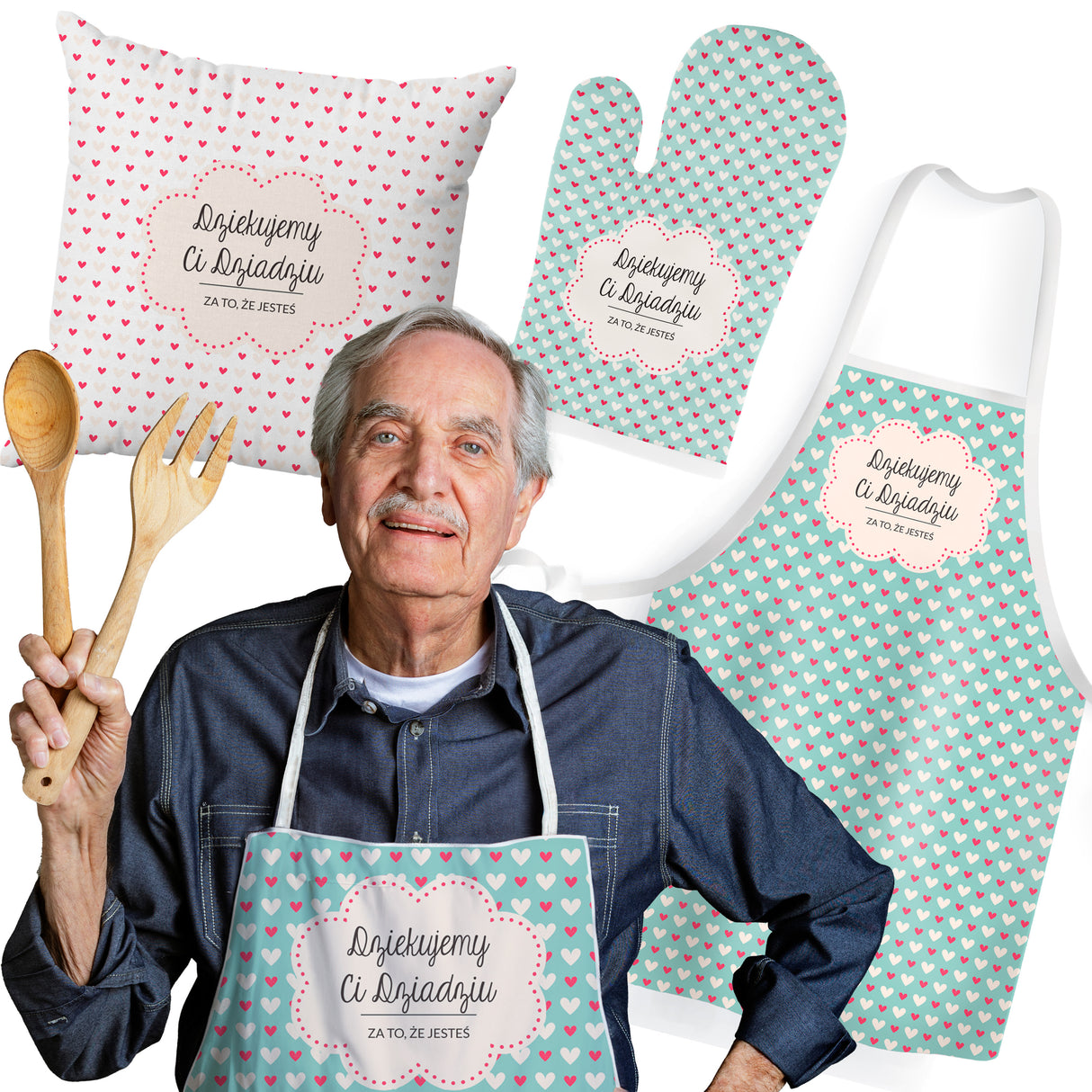 Zestaw Fartuch,Rękawica,Poduszka Dziękujemy Dziadku Prezent na Dzień Dziadka