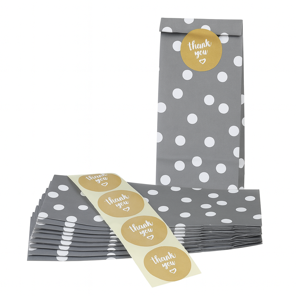Torba papierowa klockowa 100x65x260mm w groszki Szara + złote naklejki Thank You