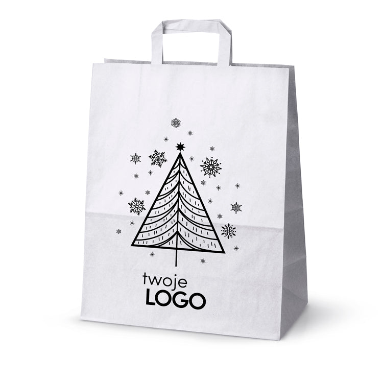 Torba papierowa świąteczna z logo 320 × 160 × 390 mm biała, wzór SW-01