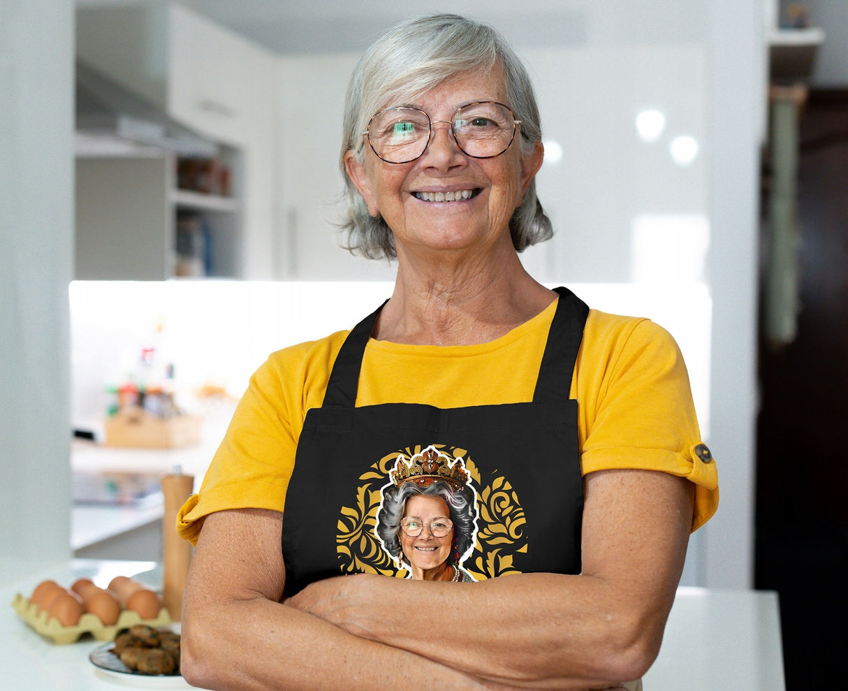 Fartuch Kuchenny Prezent na Dzień Babci Karykatura Królowa Bawełniany Czarny