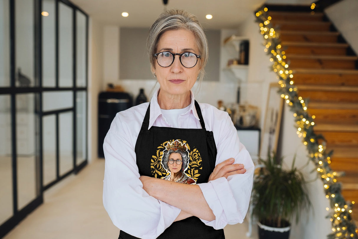 Fartuch Kuchenny Prezent na Dzień Babci Karykatura Królowa Bawełniany Czarny