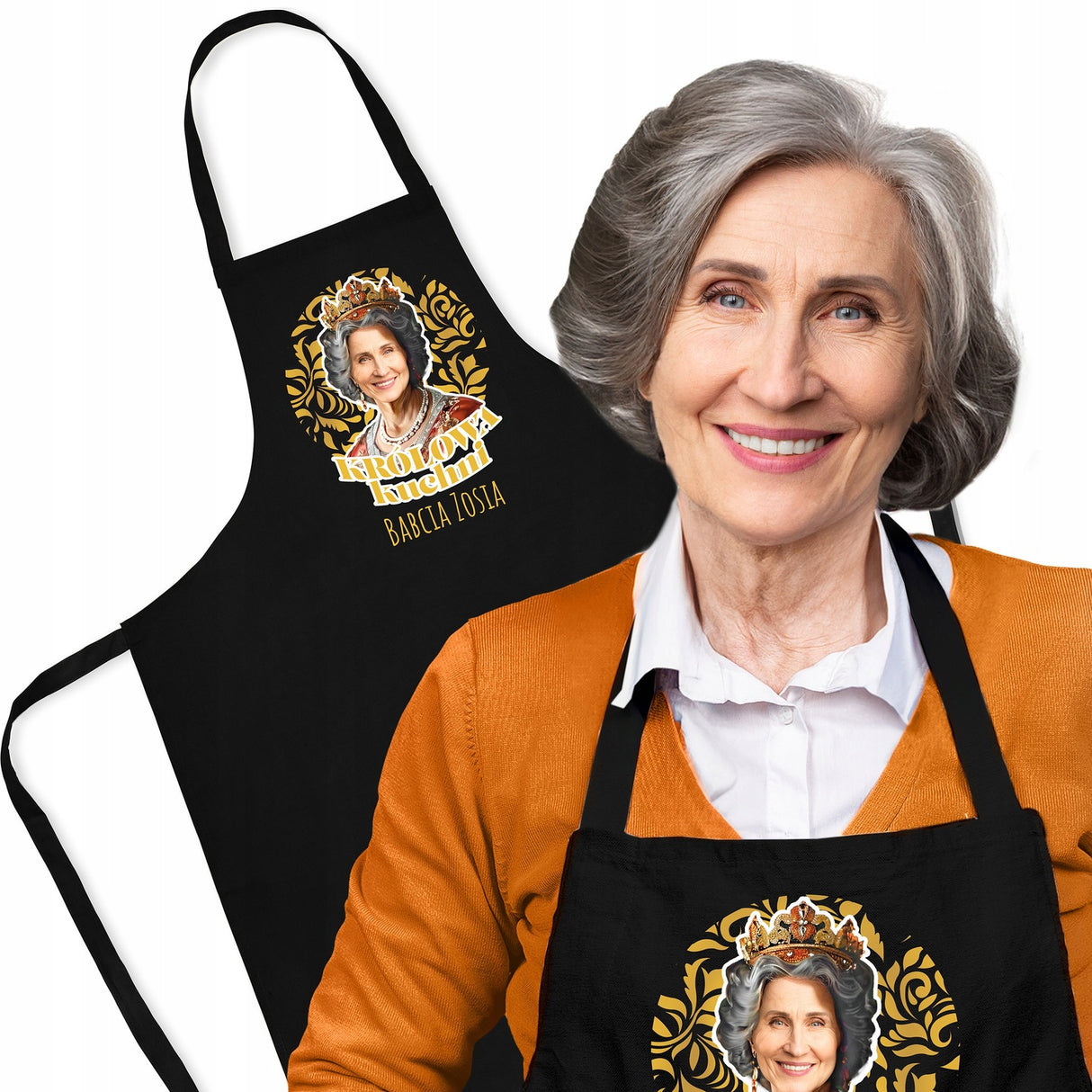 Fartuch Kuchenny Prezent na Dzień Babci Karykatura Królowa Bawełniany Czarny
