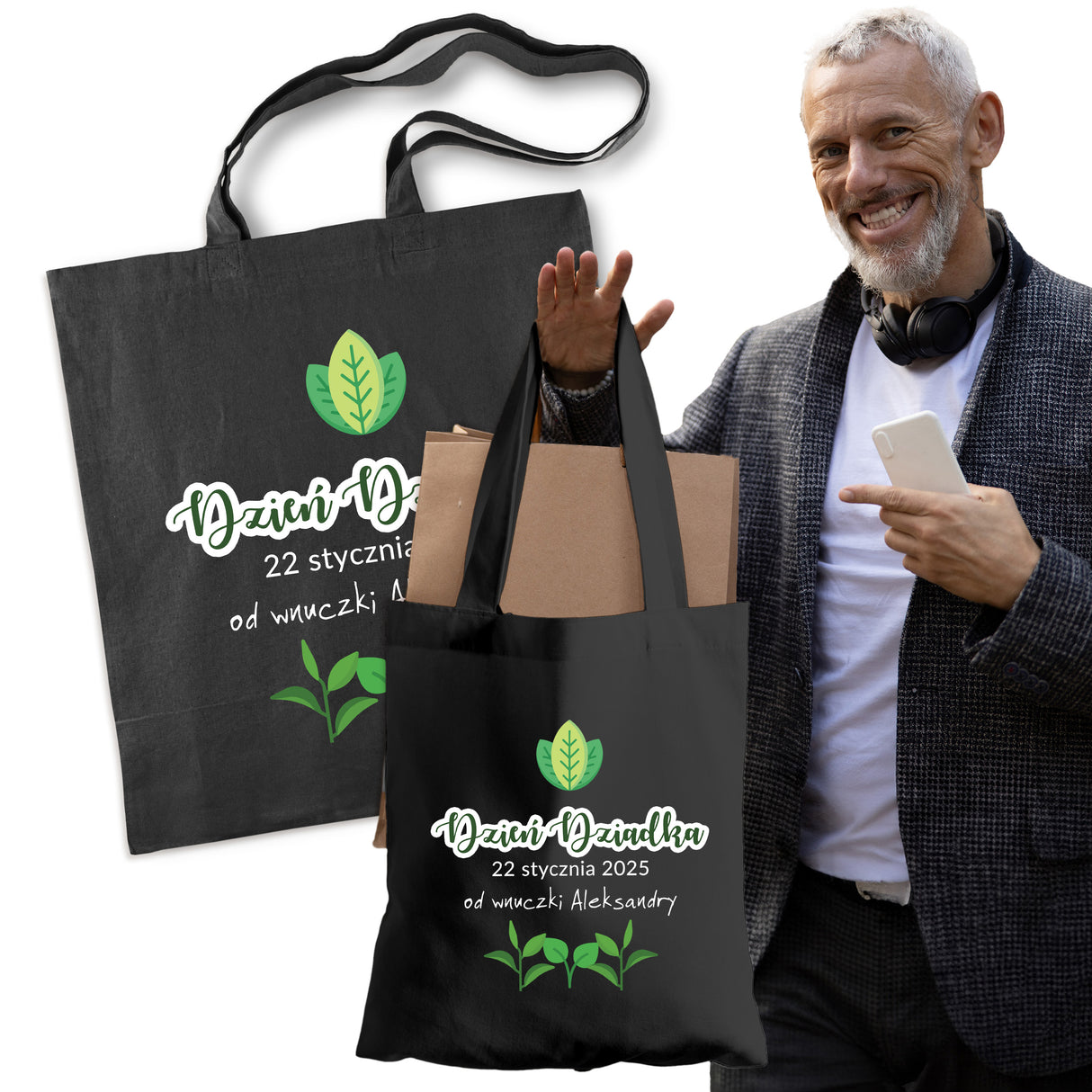 Torba Bawełniana personalizowana Dzień Dziadka 2025 Prezent na Dzień Dziadka Czarna